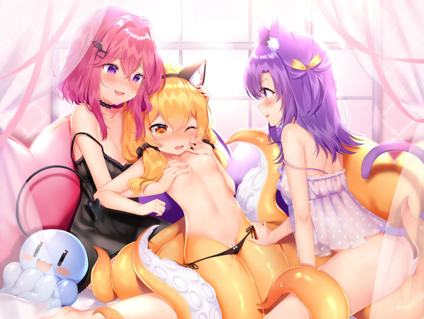 3girls animal_ears black_panties blonde_hair blush breasts brown_eyes cat_ears cat_girl cat_tail choker demon_tail fake_animal_ears female hair_ornament highres monster_girl multiple_girls nipples nude original panties pink_hair purple_eyes purple_hair pussy pussy_juice scylla see-through shouu-kun small_breasts tail tentacle underwear yuri