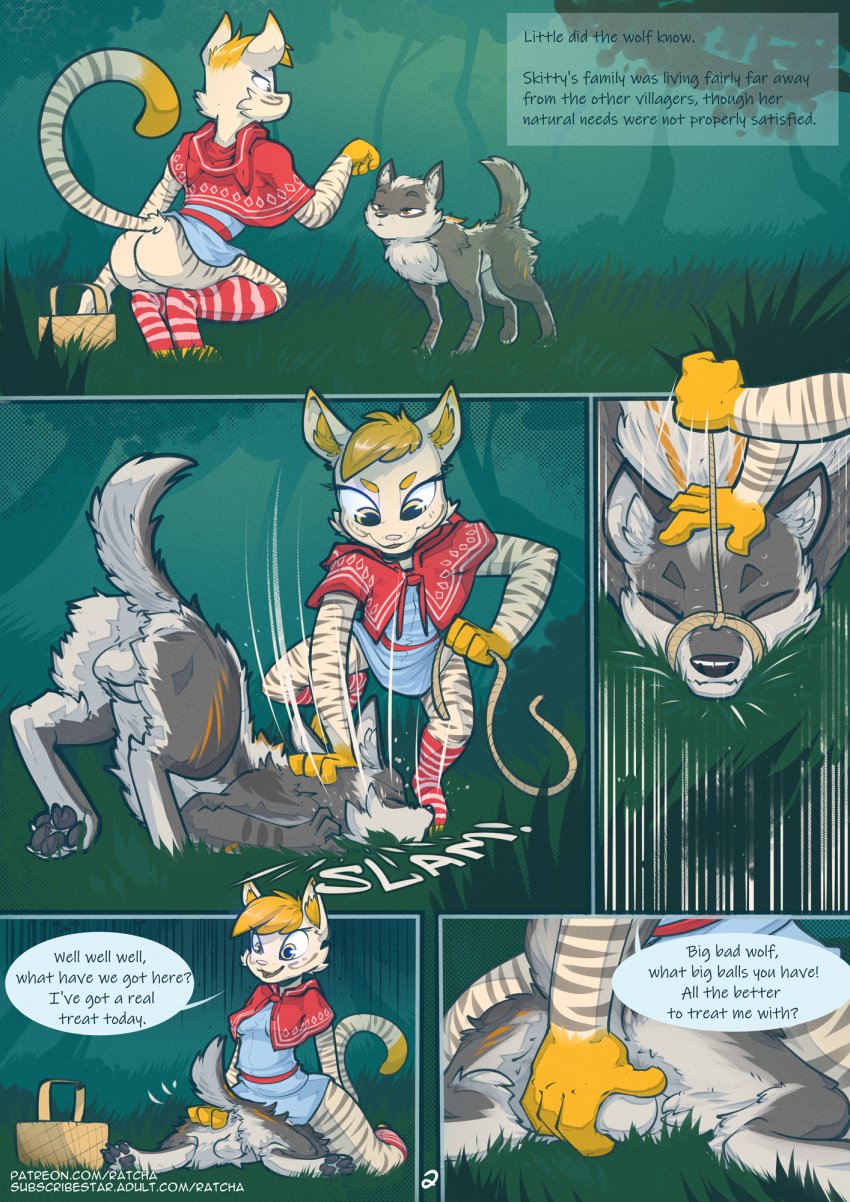 2019 anthro ball_fondling balls bottomless canid canine canis clothed clothing comic english_text felid female feral fondling fur hair hi_res hood male mammal pantherine ratcha_(artist) rope smile text tiger wolf