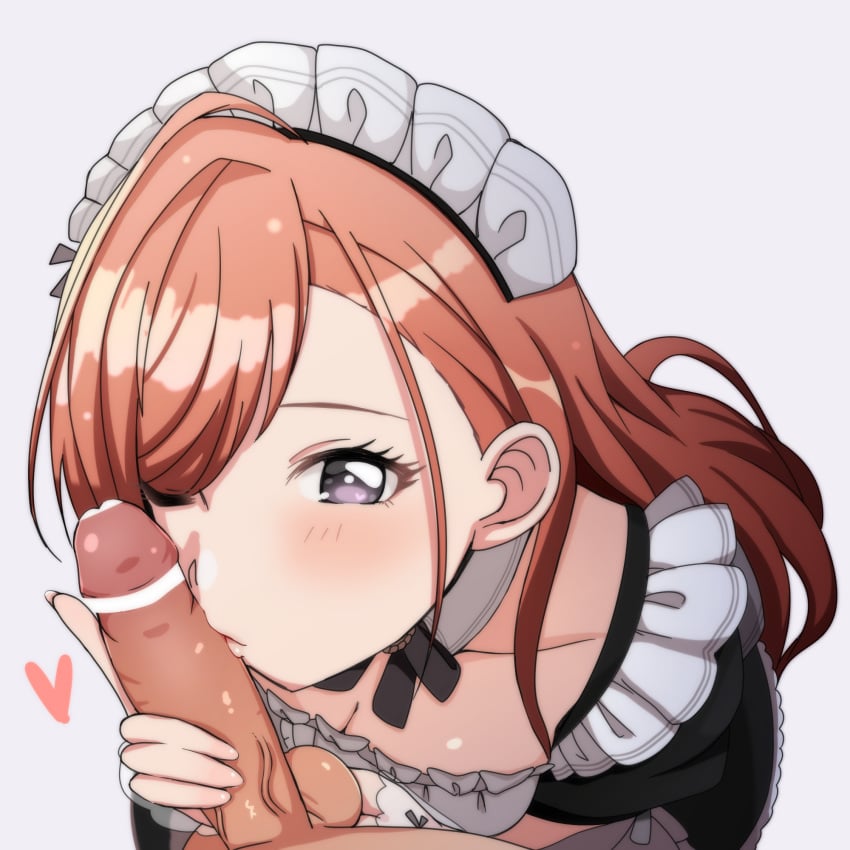 1boy arisugawa_natsuha bangs bar_censor black_eyes blush breasts caressing_testicles censored cleavage collarbone detached_collar down_blouse fellatio female foreshortening frills heart highres idolmaster idolmaster_shiny_colors index_finger_raised kissjob lipjob long_hair looking_at_viewer maid maid_headdress medium_breasts one_eye_closed oral penis penis_kiss pointless_censoring puffy_short_sleeves puffy_sleeves red_hair short_sleeves solo_focus straight swept_bangs testicles wasabi_(nmrw4477)