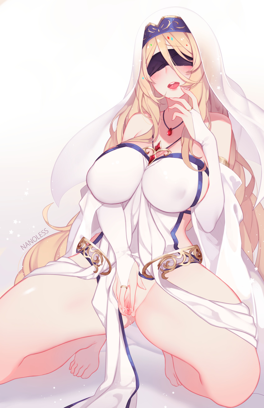 1girls absurdres artist_name bangs between_breasts blindfold blonde_hair blush breasts bridal_gauntlets clitoris clothed dress erect_nipples eyebrows_visible_through_hair female fingernails gloves gluteal_fold goblin_slayer gradient gradient_background habit hair_between_eyes highres jewelry kneeling large_breasts long_hair nanoless navel necklace nipples open_mouth paid_reward patreon_reward pelvic_curtain pendant presenting pussy pussy_juice shaved_pussy solo spread_legs spread_pussy star starry_background sword_maiden_(goblin_slayer) toenails tongue uncensored upper_teeth very_long_hair white_gloves