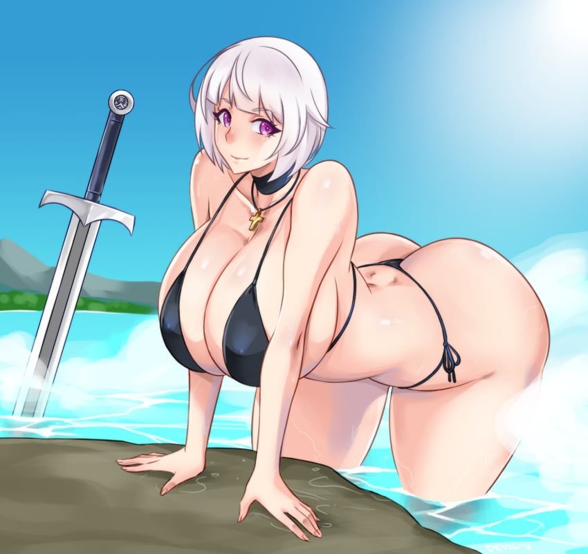 1girls arm_support ass bent_over bikini black_bikini blue_sky breasts collar cross cross_necklace curvy devil-v female highres huge_ass huge_breasts lia_alexandria necklace ocean original outdoors planted_sword planted_weapon purple_eyes short_hair side-tie_bikini silver_hair smile solo swimsuit sword thick_thighs water weapon wet wide_hips