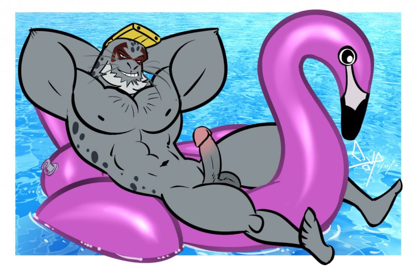 abs anthro avian balls beard bedroom_eyes bgn biceps bird erection eyewear facial_hair flamingo goggles grey_skin half-closed_eyes hands_behind_head inviting male male_only mammal marine mature_male multicolored_penis muscular muscular_male my_hero_academia navel nipples nude outside pecs penis pinniped pool_toy seal seductive selkie_(my_hero_academia) smile smirk solo spots two_tone_penis water whiskers