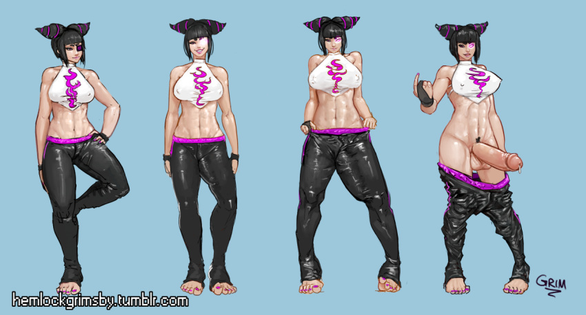 abs black_hair blank_background bulge cum dickgirl female futanari hemlockgrimsby huge_cock huge_penis intersex juri_han muscular muscular_futanari penis_growth penis_to_the_knees penis_under_clothes pink_toenails standing street_fighter tight_clothing
