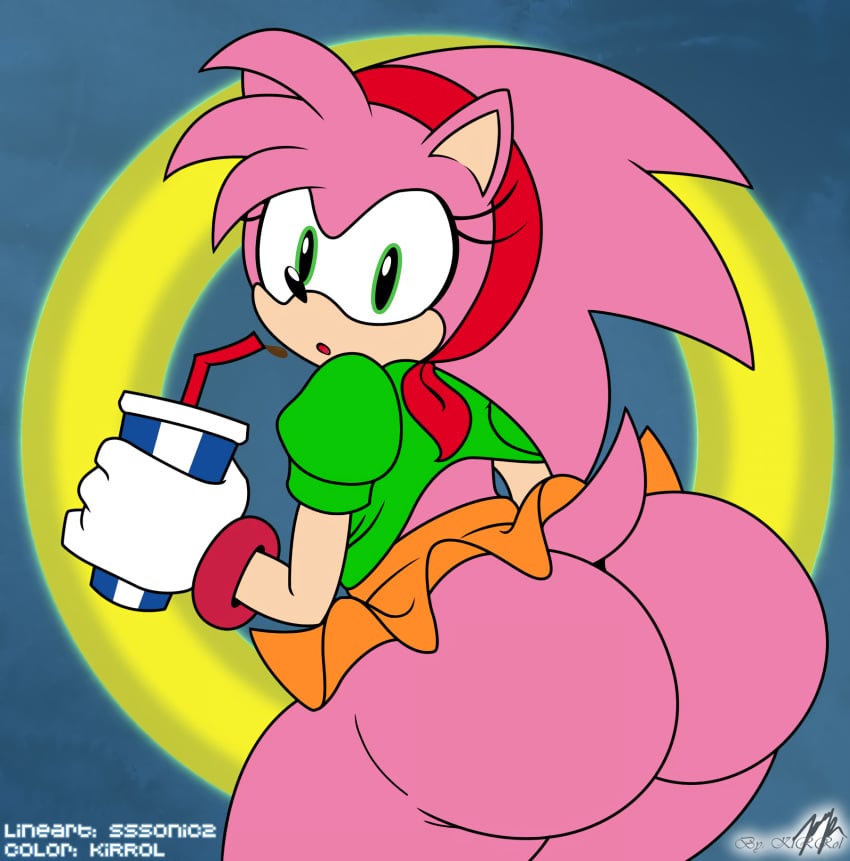 amy_rose anthro ass bandana big_ass blue_background bottomless classic_amy_rose color female female_only furry furry_only gloves huge_ass kirrol lifted_skirt no_panties partially_clothed sega soda solo sonic_(series) sonic_the_hedgehog_(series) sssonic2 uncensored