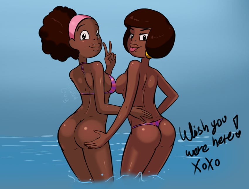 2girls ass ass_cleavage back_view backwards bikini black_hair bottomless breasts breasts_out butt_crack cartoon_network dark-skinned_female dark_skin eye_contact female_only hand_on_ass hand_on_back jenny_pizza kiki_pizza looking_at_viewer multiple_girls relatedguy shared_bathing short_hair sisters steven_universe tanga text thong tongue_out topless twins yuri