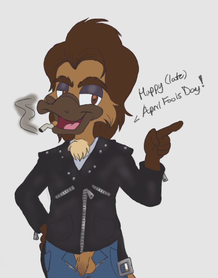 2019 anthro balls beak brown_fur clothed clothing fur hi_res itoruna itoruna_the_platypus male mammal monotreme penis platypus simple_background smile smoking solo tongue uncut