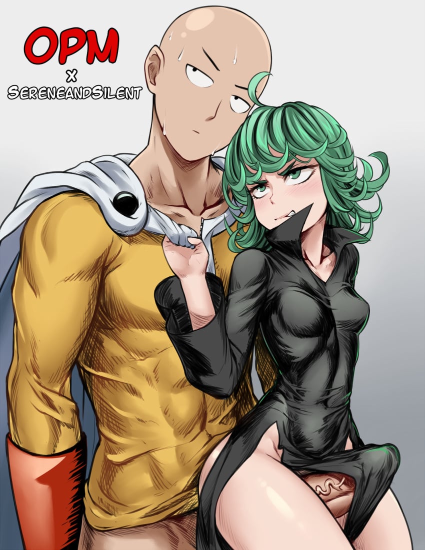 1boy abs angry annoyed bald bare_legs between_legs between_thighs black_dress blush bodysuit bottomless breasts bulge bulge_through_clothing cape clenched_teeth covered_navel cowboy_shot dress dubious_consent embarrassed erection female gloves green_eyes green_hair highres light-skinned_male lust muscular no_panties one-punch_man pelvic_curtain penis pulling red_gloves rubbing saitama sereneandsilent small_breasts superhero sweatdrop tatsumaki teeth thigh_sex tight_clothing veins veiny_penis