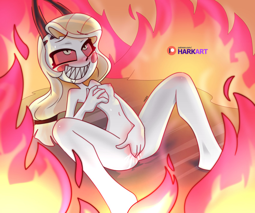 1girls blonde_hair breasts charlie_morningstar_(hazbin_hotel) completely_nude completely_nude_female demon demon_form demon_girl demon_horns demoness female female_only full_body hair harkart hazbin_hotel horns masturbation monster_girl naked naked_female nude nude_female pussy raised_inner_eyebrows sharp_teeth smile solo solo_female straight_hair supernatural vivienne_medrano