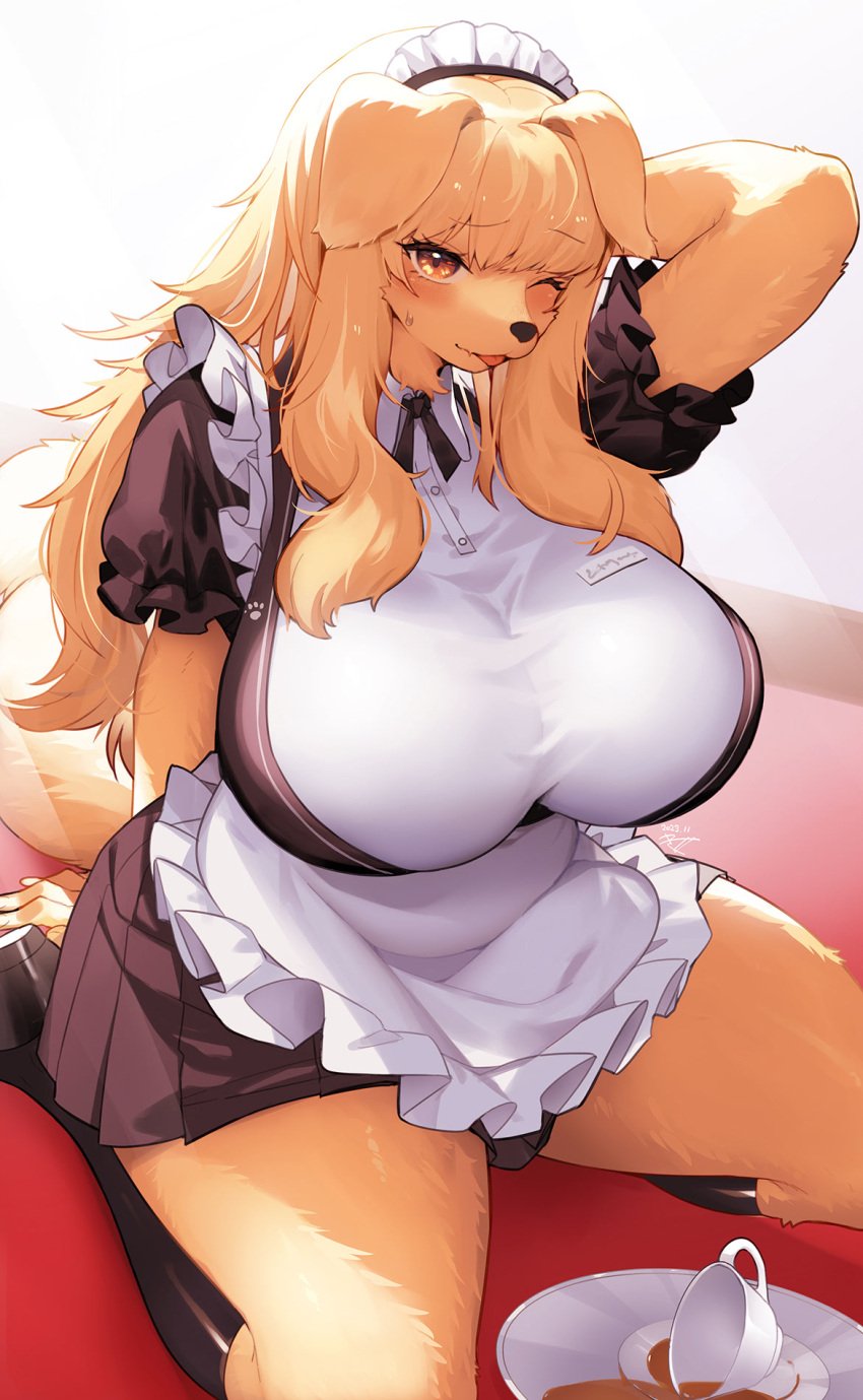 1girls 2020s 2024 2024s 2d 2d_(artwork) 4_fingers anthro anthro_female anthro_focus anthro_only anthrofied apron background belly big_breasts big_hips blonde_female blonde_hair blonde_hair_female blush blushing_at_viewer breasts canid canid_humanoid canine canine_humanoid clothed clothed_female clothes clumsy color colored cup curvy curvy_body curvy_female curvy_figure dog_ears dog_girl dog_tail ear ears_down eyelashes eyes eyes_open female female_anthro female_focus female_only fingernails fingers first_person_perspective first_person_view fluffy fluffy_ears fluffy_hair fluffy_tail fur furry furry_ears furry_female furry_only furry_tail golden_retriever hair headwear hips humanoid kishibe large_breasts long_hair long_hair_female looking_at_viewer maid maid_apron maid_headdress maid_outfit maid_uniform mammal mammal_humanoid nail nails neck no_dialogue no_humans no_text non-human oc one_eye_closed orange_eyes original_character plate pov pov_eye_contact shiny shiny_breasts shiny_clothes shiny_hair simple_background skirt snout socks solo solo_focus sweat sweating tail textless thick_thighs thighs tongue tongue_out voluptuous voluptuous_female yellow_body yellow_fur yellow_hair