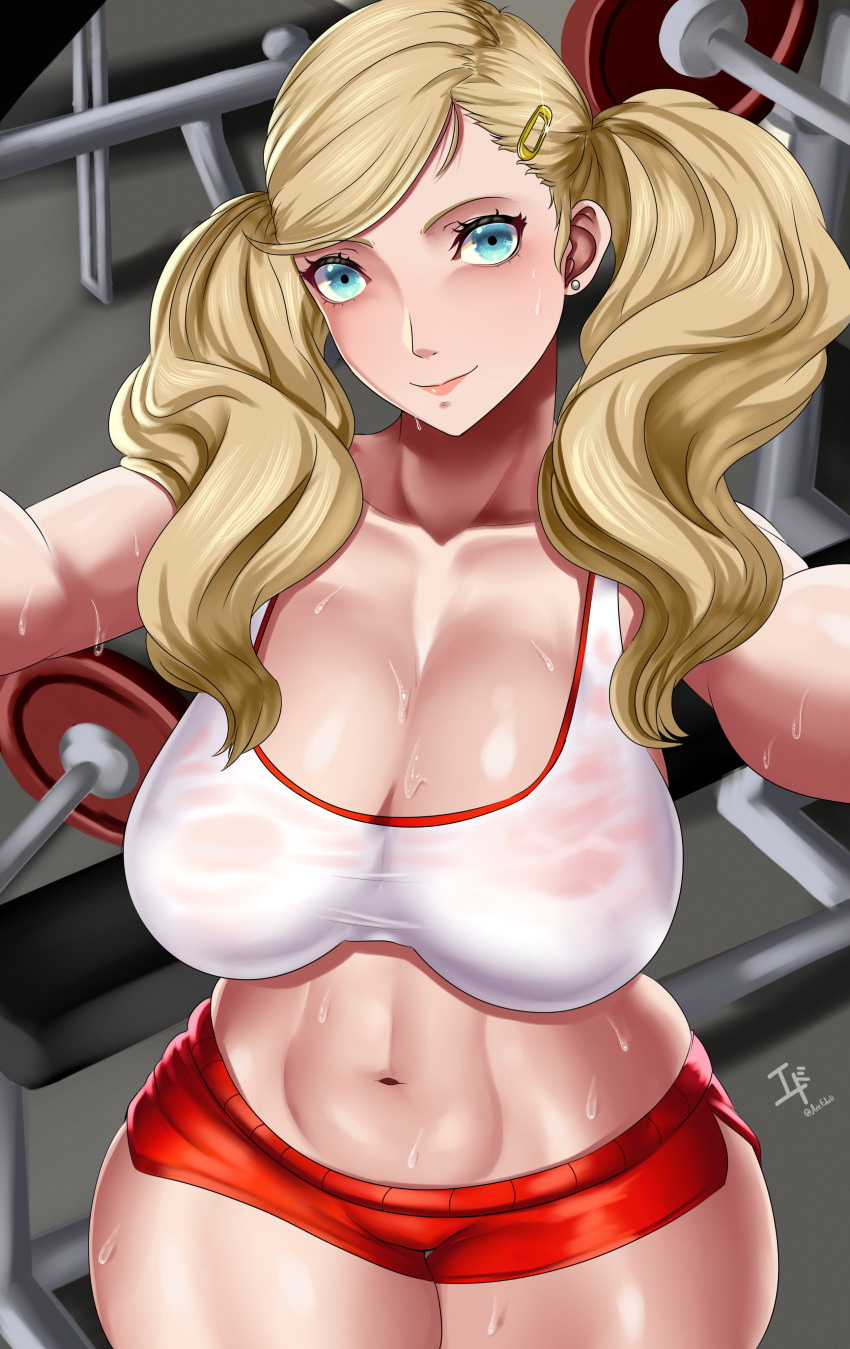 1girls ann_takamaki arcedo atlus blonde_hair blue_eyes booty_shorts breasts female huge_breasts light-skinned_female light_skin long_hair persona persona_5 short_shorts shorts sports_bra sportswear thick_thighs twintails wide_hips