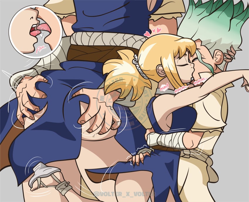 1boy 1girls ass ass_grab ass_up big_ass big_breasts blonde_hair dr.stone female huge_ass ishigami_senku kissing kohaku_(dr.stone) male sandals senku_(dr.stone) tongue volter_x_volter