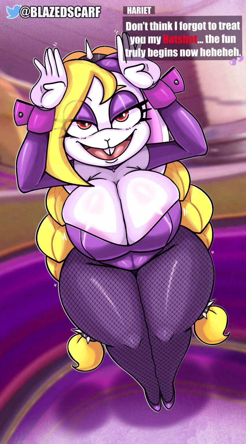 anthro big_ass big_breasts big_butt blazedscarf blonde_hair breasts broodal broodals bunny_girl bunnysuit clothing english_text female female_only fishnet_stockings fishnets furry hariet_(mario) heels looking_at_viewer mario_(series) rabbit super_mario_odyssey text thick thick_ass thick_thighs voluptuous wide_hips