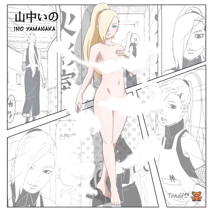 1girls absurdres accurate_art_style barefoot blonde_hair blue_eyes boruto:_naruto_next_generations breasts censored_nipples cleavage collarbone completely_nude completely_nude_female convenient_censoring female female_only fully_clothed hair_ornament hair_over_one_eye hairclip hand_on_own_breast highres human ino_yamanaka legs long_hair looking_at_viewer manga_page manga_style mature mature_female medium_breasts milf naruto naruto_(series) nude nude_female panels pinup smile solo thighs toadd95