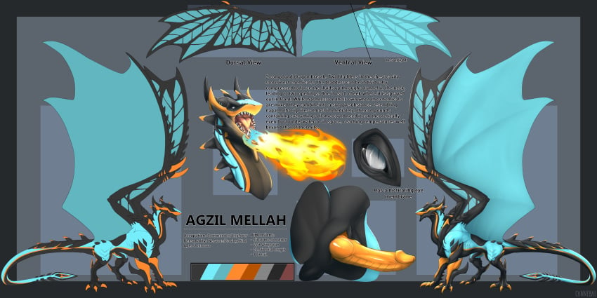 2019 4_toes 6_horns absurd_res agzil_mellah alternate_version_at_source animal_genitalia black_border black_horn black_scales black_sclera black_skin border cannibalistic_tendencies character_name claws close-up color_swatch curved_horn cyan_scales cyan_wings dragon english_text erection feral fire fire_breathing genital_slit glans grey_background grey_eyes hi_res horn knot looking_at_viewer male membranous_wings model_sheet multi_horn multicolored_horn multicolored_scales multicolored_skin open_mouth orange_claws orange_horn orange_penis orange_scales orange_skin orange_stripes outside_border penis pink_tongue quadruped ridged_penis scales scalie sharp_claws sharp_teeth side_view signature simple_background slit slit_pupils smile smooth_horn solo spikes spread_wings standing stripes tail_spade teeth text toe_claws toes tongue two_tone_horn wall_of_text western_dragon