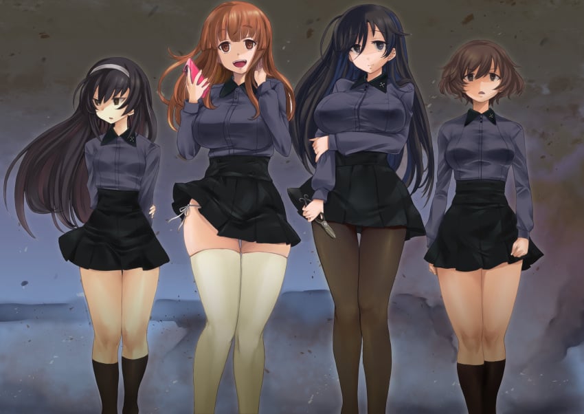 4girls ahoge akiyama_yukari arms_behind_back arms_under_breasts black_eyes black_hair black_skirt blunt_bangs breasts brown_eyes brown_hair cellphone dress_shirt gardening_shears girls_und_panzer grey_shirt insignia isuzu_hana kuromorimine_school_uniform large_breasts long_hair looking_to_the_side multiple_girls nabeyu orange_eyes orange_hair panties pantyhose phone reizei_mako school_uniform shaded_face shirt short_hair side-tie_panties skirt smartphone smoke takebe_saori thighhighs thighs underwear wind wind_lift wing_collar