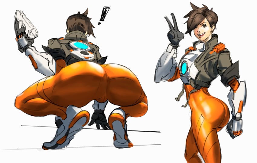 ! 1girls armor ass ass_focus big_ass bodysuit brown_eyes brown_hair calves chronal_accelerator cleft_of_venus cropped_jacket dark_hair firearm fit_female gauntlet gloves gun jacket mashingvaquita open_smile overwatch overwatch_2 pistol short_hair skin_tight smile sneakers squatting thick_ass thighs tracer v wink