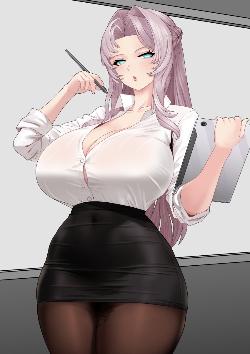 1girls big_breasts black_skirt blue_eyes breasts cleavage female female_only fully_clothed golbang69_74 hair hips huge_breasts last_origin leggings legwear lips long_hair mnemosyne_(last_origin) office_lady pen pencil_skirt shirt skirt solo solo_female thick_thighs thighs white_hair white_shirt