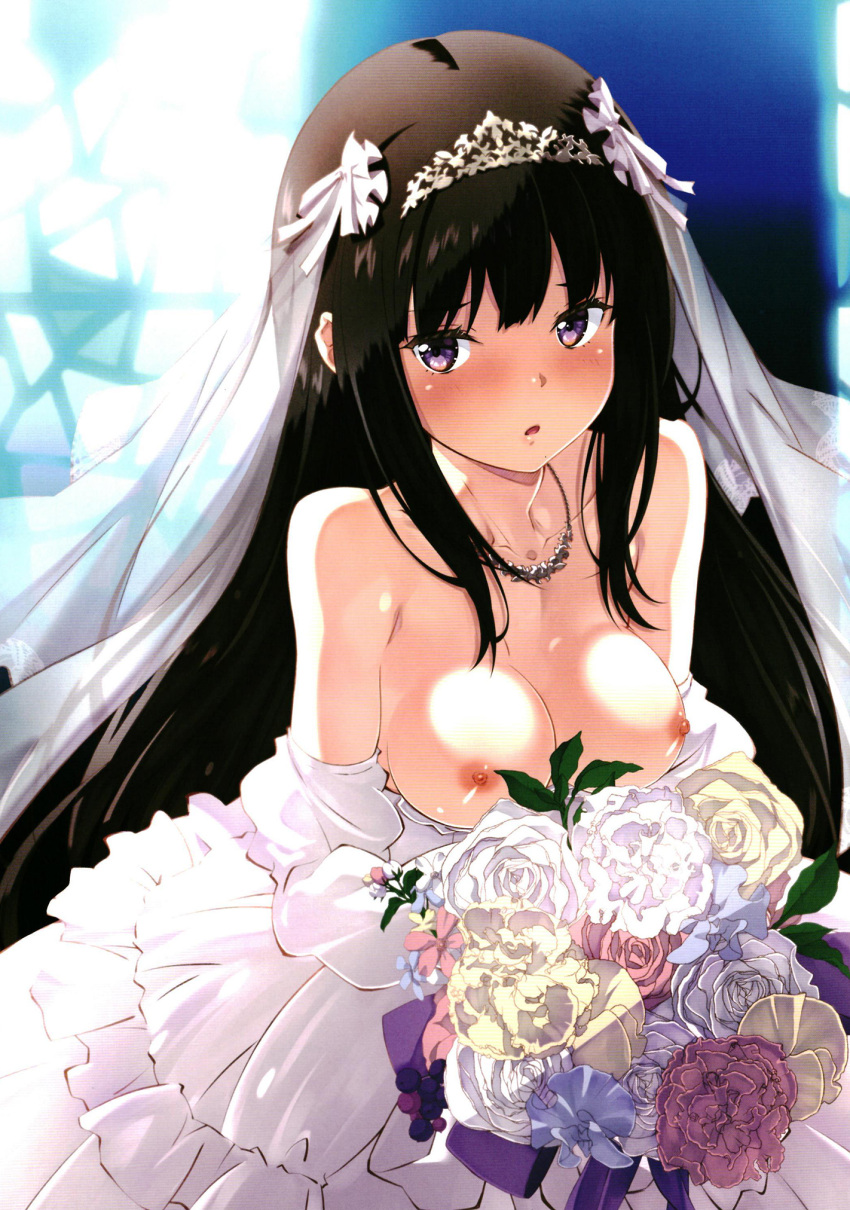 black_hair blush boobs bouquet breasts breasts_out bridal_veil dress female highres inoue_takina izumi_mahiru jewelry large_breasts long_hair looking_at_viewer lycoris_recoil necklace nipples no_bra non-web_source open_mouth purple_eyes solo solo_female tits veil wedding_dress white_dress