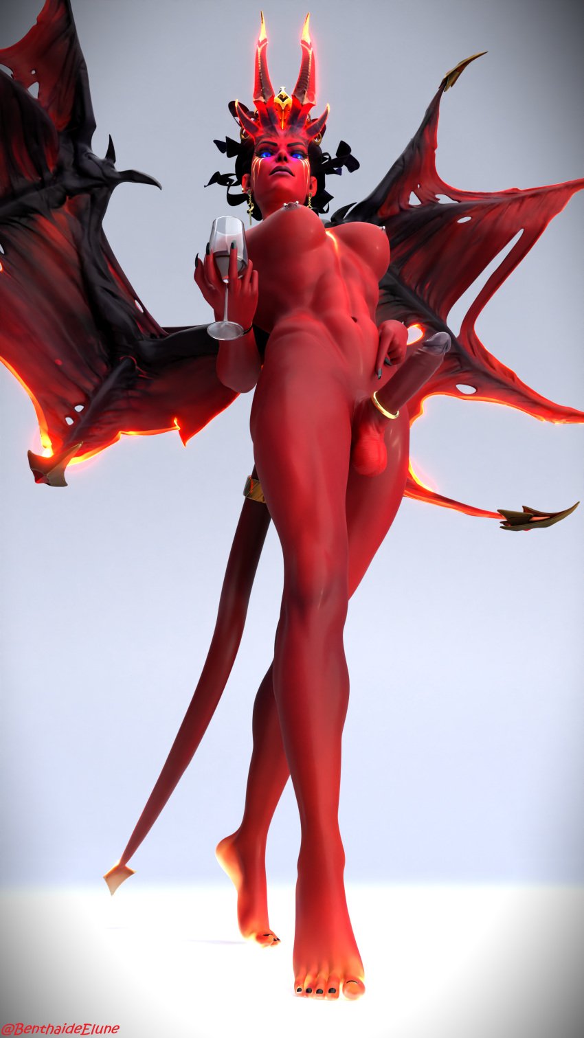 1futa 3d 3d_(artwork) abs benthaideelune black_hair black_nails blender blue_eyes breasts dota_2 feet foot_focus futa_only futanari glass_of_wine horns muscular_futanari nipple_piercing queen_of_pain red_skin tagme wings