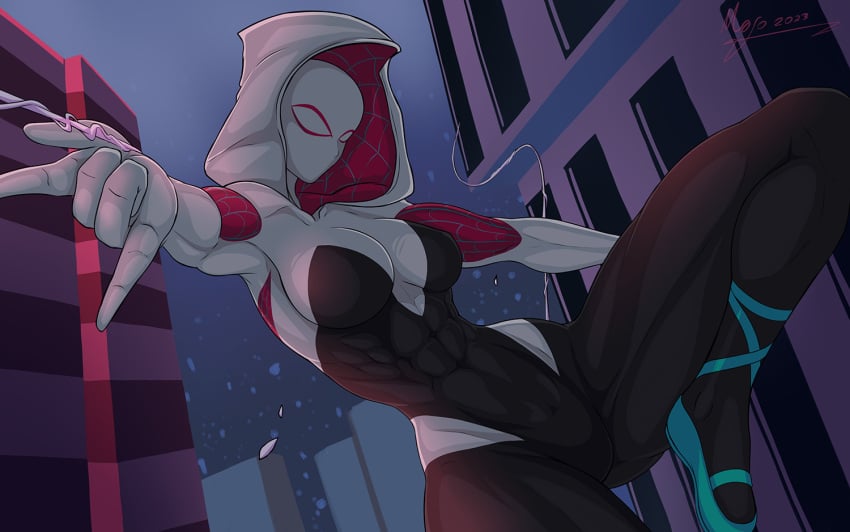 1girls abs abs_visible_through_clothing athletic athletic_female belly_button bodysuit calf_muscles fit fit_female gwen_stacy gwen_stacy_(spider-verse) hood marvel mask masked masked_female medium_breasts muscular_arms muscular_female muscular_legs muscular_thighs navel navel_visible_through_clothes six_pack spider-gwen spider-man:_across_the_spider-verse spider-man:_into_the_spider-verse spider-man_(series) spider_web superhero superhero_costume superheroine tacticoolmofo