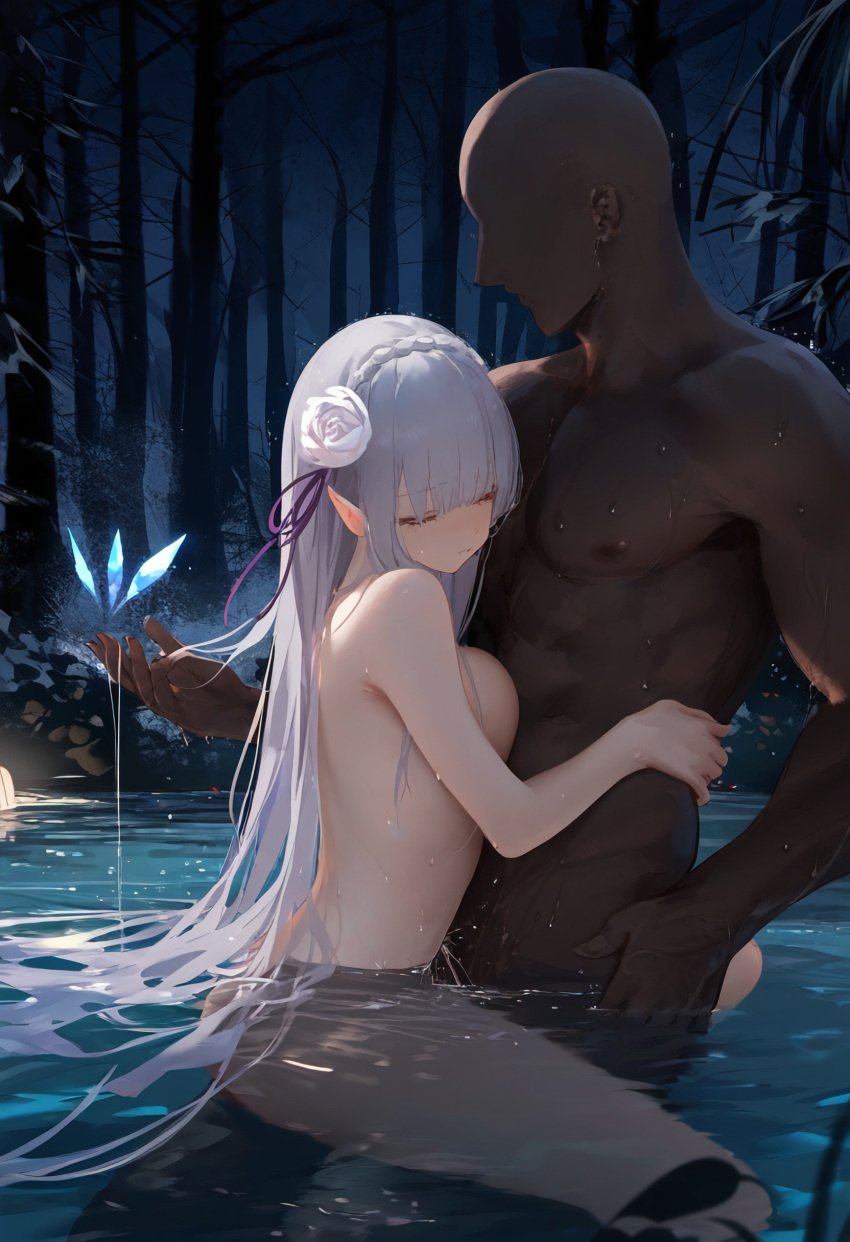 ai_generated big_breasts dark-skinned_male elf elf_ears elf_female elf_girl emilia_(re:zero) female flower_in_hair flower_ornament hair_ornament half-elf light-skinned_female light_skin long_hair male male/female medium_breasts pointy_ears princess purple_eyes re:zero_kara_hajimeru_isekai_seikatsu romantic royalty silver_hair straddling very_long_hair white_hair