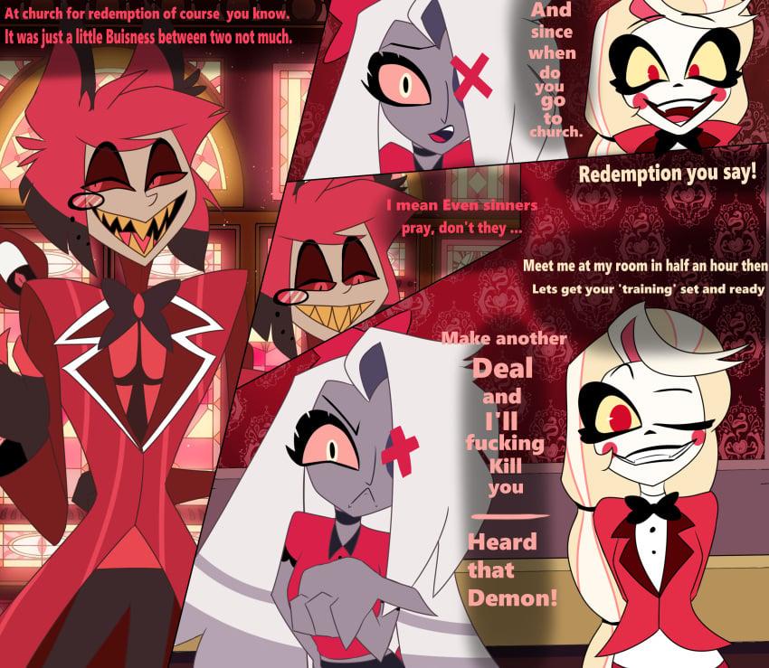 1boy 2girls alastor_(hazbin_hotel) charlie_morningstar_(hazbin_hotel) comic comic_page hazbin_hotel retzhuko_(artist) text text_box text_bubble vaggie_(hazbin_hotel) vivienne_medrano vivziepop