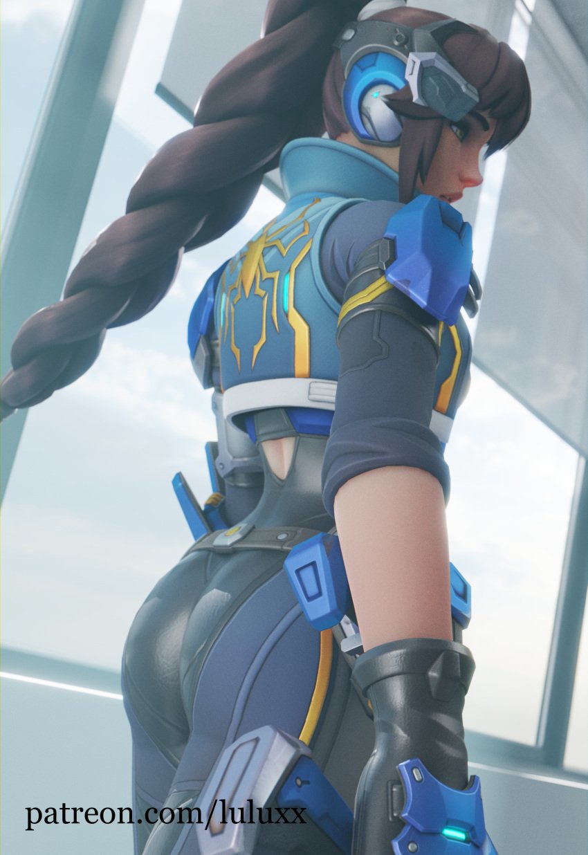 1girls 3d alternate_costume alternate_hair_color armor ass back_cutout bangs belt blender bodysuit braid brown_hair butt captain_lacroix cropped_jacket cutout female female_focus female_only firearm gloves gun headgear jacket long_hair lulux mirrorwatch overwatch overwatch_2 parted_lips pauldron shirt solo strap thick_thighs widowmaker yellow_eyes