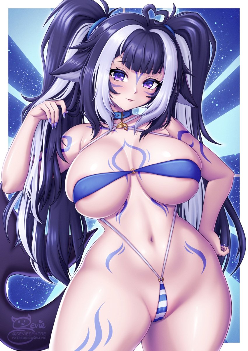 1girls bikini blue_hair body_markings breasts female hi_res hips indie_virtual_youtuber large_breasts light-skinned_female light_skin long_hair naughty_face purple_eyes pussy_outline sevie shylily thick_thighs thighs virtual_youtuber wide_hips