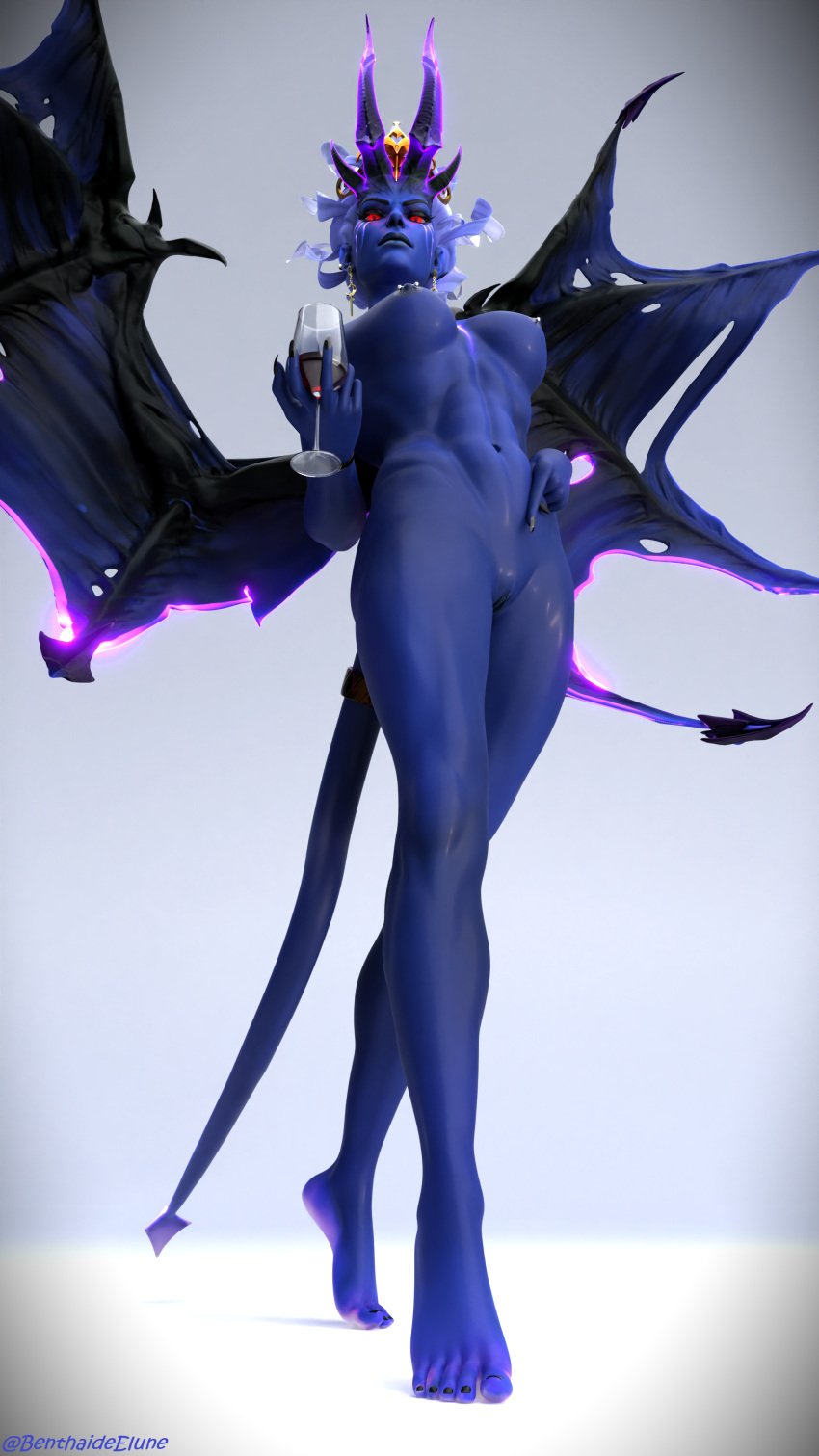 1girls 3d 3d_(artwork) abs benthaideelune black_nails blender blue_skin breasts dota_2 feet foot_focus glass_of_wine horns muscular_female nipple_piercing pussy queen_of_pain red_eyes tagme white_hair wings