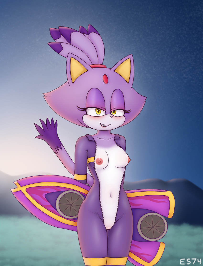 1girls 2019 anthro areola blaze_the_cat blush bodysuit breasts clothing colored detailed_background es74 eyelashes feline female female_only fur furry grass half-closed_eyes hi_res looking_at_viewer mammal mountain navel nipples open_clothes outside purple_fur pussy seductive sky smile solo sonic_(series) sonic_riders standing text thick_thighs tight_clothing undressing video_games watermark white_fur