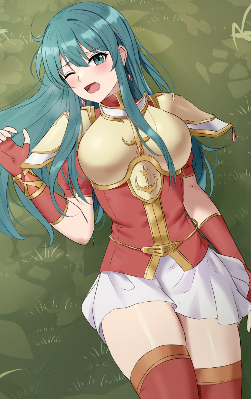 1girls amayo_thranana aqua_eyes aqua_hair bare_thighs blue_eyes blue_hair boots breasts earrings eirika_(fire_emblem) female female_only fingerless_gloves fire_emblem fire_emblem:_the_sacred_stones gloves long_hair looking_at_viewer medium_breasts nintendo on_back on_ground one_eye_closed open_mouth outdoors skindentation skirt solo thigh_boots thighs