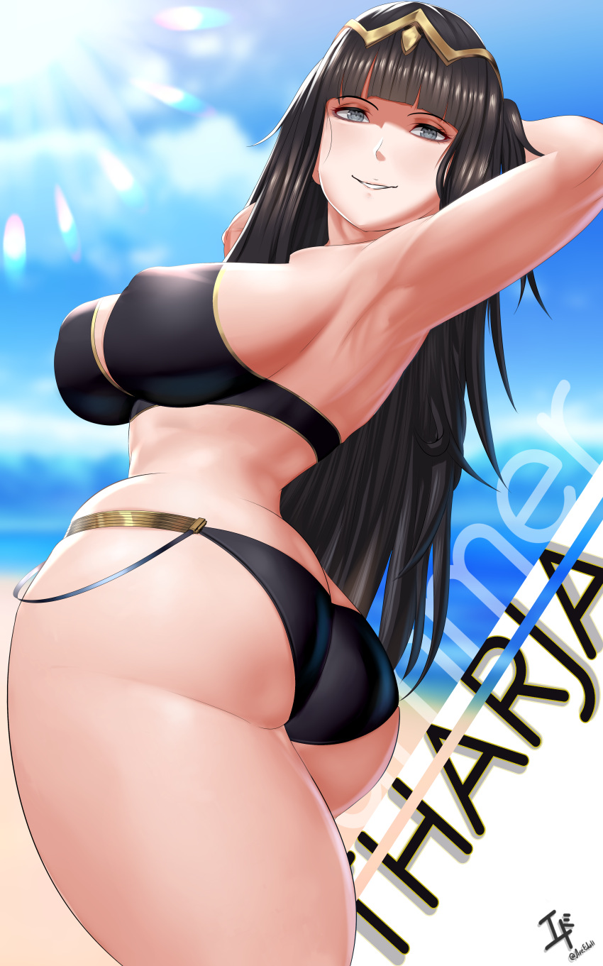 1girls alternate_costume arcedo ass bikini black_bikini black_hair black_swimsuit fire_emblem fire_emblem_awakening grey_eyes large_ass large_breasts looking_at_viewer nintendo swimsuit tharja_(fire_emblem) thighs