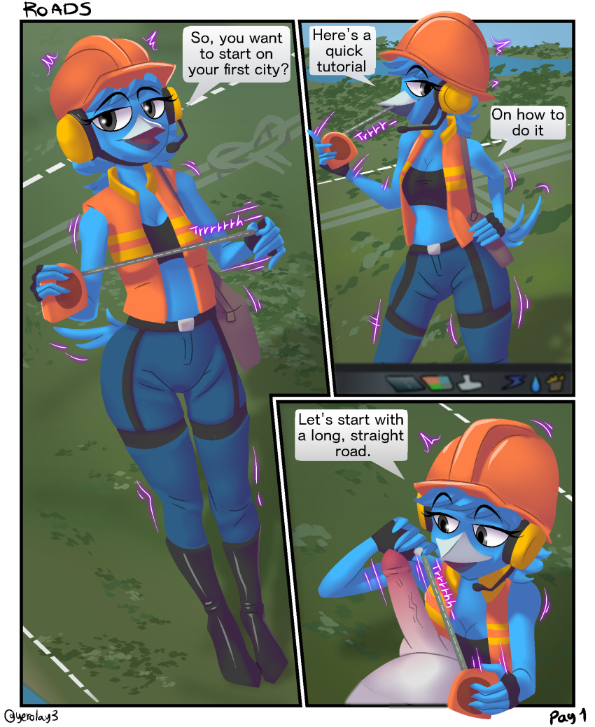 anthro armor avian belt blue_body blue_feathers blue_hair boots chirper cities:_skylines city clothed clothing comic construction_worker detailed_background digital_drawing_(artwork) digital_media_(artwork) duo english_text faceless_character feathers female first_person_view footwear gaming genitals hair handwear hard_hat headgear headwear helmet hi_res looking_at_viewer male male/female page_1 page_number penis penis_measurement playing_video_game solo text yerolay