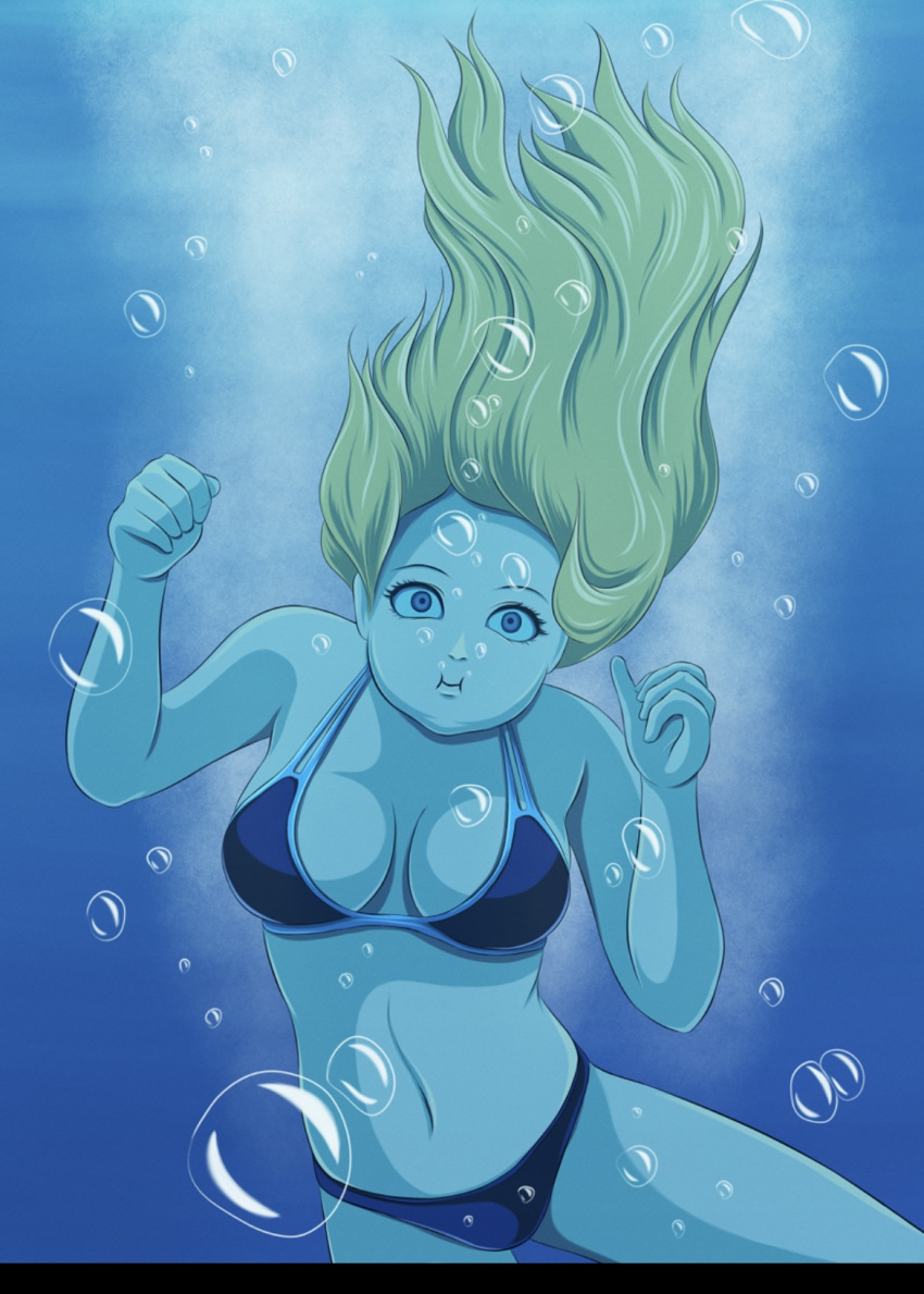 1girls air_bubbles big_breasts bikini blue_eyes breasts geldibson underwater