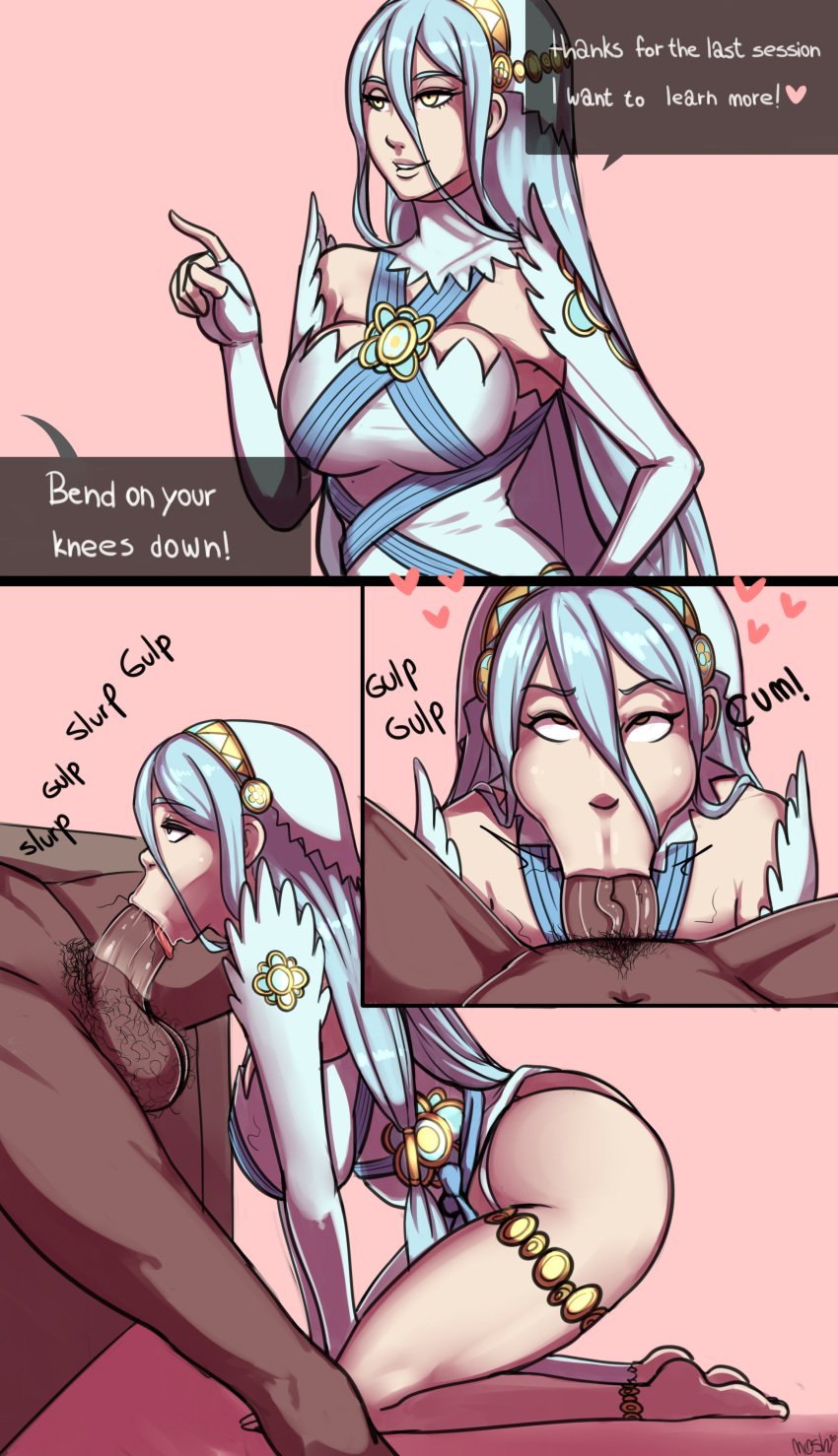 :>= alternate_breast_size ass azura_(fire_emblem) bedroom_eyes big_breasts blowjob blue_hair breasts clothed_female_nude_male cum_in_mouth dark-skinned_male dark_skin deepthroat eyes_rolling_back fellatio female fire_emblem fire_emblem_fates instant_loss_2koma interracial kneeling long_hair moshimashi oral penis pubic_hair stray_pubic_hair swallowing