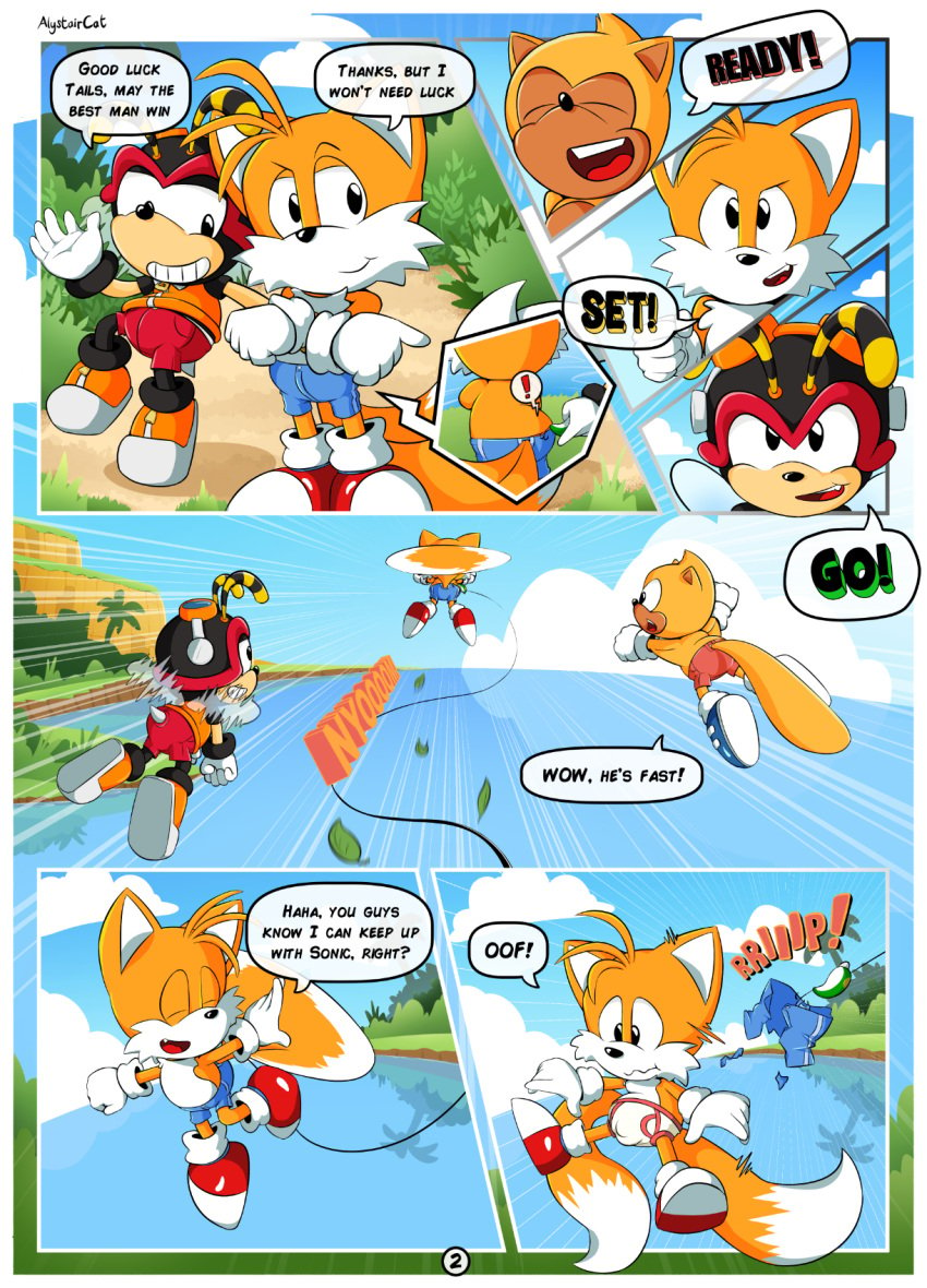 alystaircat assisted_exposure charmy_bee classic_tails comic cub english_text page_2 page_number pants_down ray_the_flying_squirrel sonic_(series) sonic_the_hedgehog_(series) tails tails_the_fox young younger_male