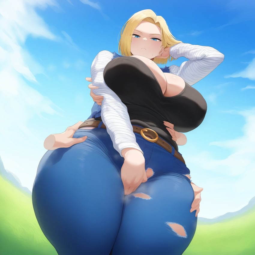 ai_generated android_18 ass_grab disembodied_hands dragon_ball dragon_ball_z grabbing grabbing_another's_leg grabbing_legs groping hand_between_legs huge_breasts jeans nai_diffusion novelai thick_thighs torn_clothes wide_hips