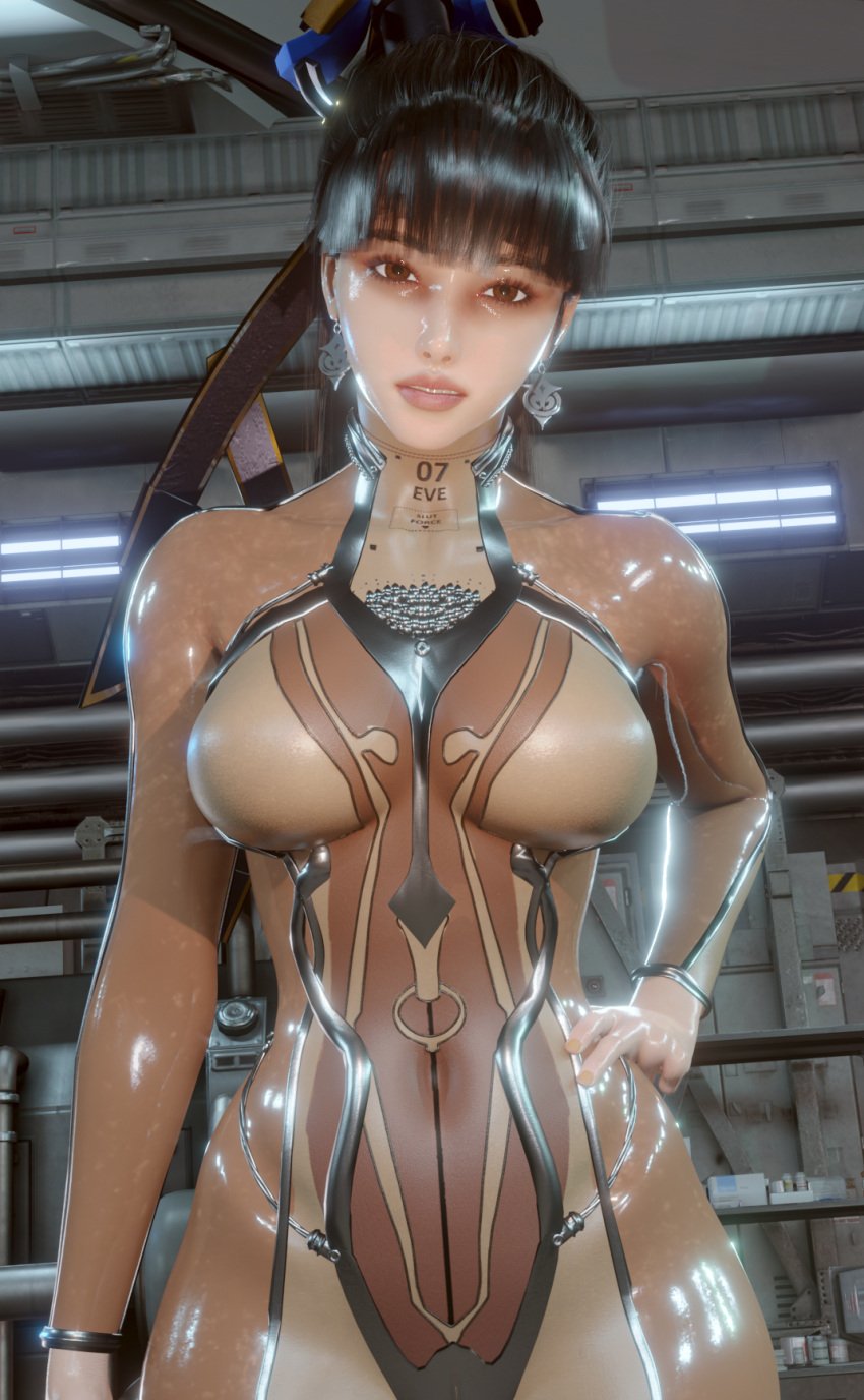 1girls 3d android asian asian_female big_breasts big_thighs black_hair blender blender_eevee brown_eyes curvy earrings eve_(stellar_blade) female female_only hand_on_hip jewelry looking_at_viewer nail_polish ponytail robot robot_girl shiny skintight skintight_bodysuit solo stellar_blade thick transparent_latex voluptuous yellow_nails your__waifu