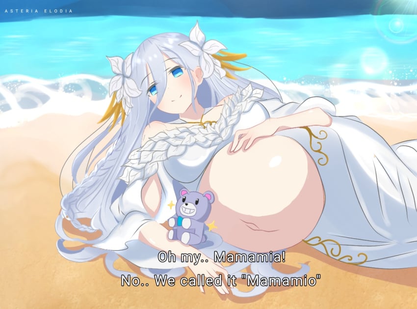 1girls 2d 2d_(artwork) ass asteria_elodia beach big_breasts blue_eyes breasts date_a_live dress english_text hyper_belly light-skinned_female long_hair pregnant pregnant_female solo solo_female takamiya_mio teddy_bear text white_hair