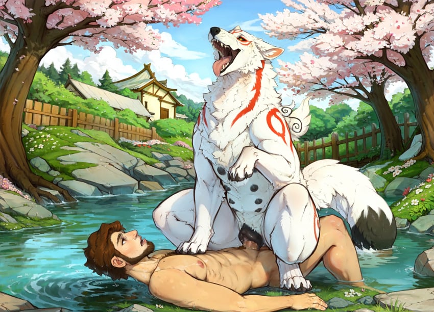 absurd_res ai_generated amaterasu amaterasu_(okami) anatomically_correct anatomically_correct_genitalia anatomically_correct_pussy animal_genitalia animal_pussy beard black_nose black_sclera bodily_fluids body_hair brown_hair building canid canine canine_genitalia canine_pussy canine_teeth canis capcom cherry_blossom chest_hair chest_tuft claws cowgirl_position creek day detailed detailed_background dipstick_tail duo facial_hair female feral feral_on_top flower fluffy fluffy_tail from_front_position fur fur_markings genital_fluids genitals hair hi_res human human_on_feral human_penetrating_feral humanoid_genitalia humanoid_penis interspecies looking_at_another looking_pleasured lying male male/female mammal markings moan multi_nipple nipples okami on_back on_bottom on_top open_mouth pecs penetration penis pivoted_ears plant pubes pussy saliva saliva_string sex shoulder_tuft sky tail_markings teeth tuft vaginal_penetration water wet white_body white_fur wiinter wolf yellow_eyes zoophilia