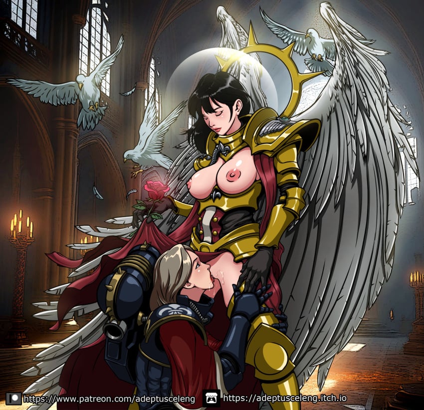 2girls adepta_sororitas adeptus_celeng angel angel_girl angel_wings armor birds blush breasts church clothed_sex cunnilingus female_protagonist flower halo imperium_of_man inquisitor_trainer jewelry kneeling lesbian_sex living_saint multiple_girls nun oral power_armor rose saint_celestine saliva sex sister_of_battle video_game warhammer_(franchise) warhammer_40k yuri