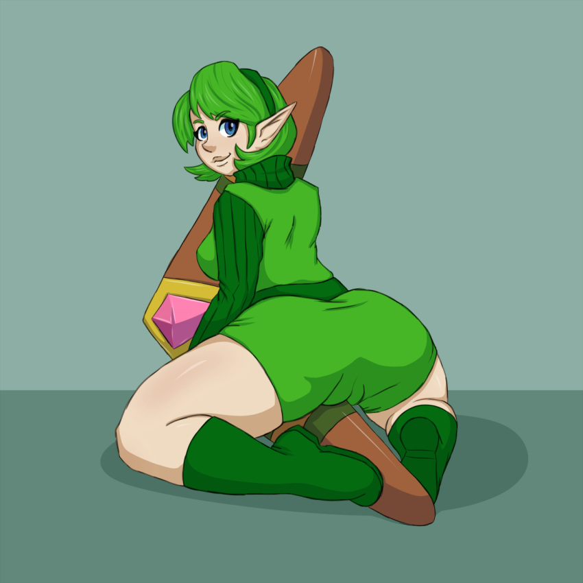 1girls ass blue_eyes boomerang cameltoe clothing female female_only green_hair hairband kokiri looking_back ocarina_of_time saria short_hair smile solo the_legend_of_zelda