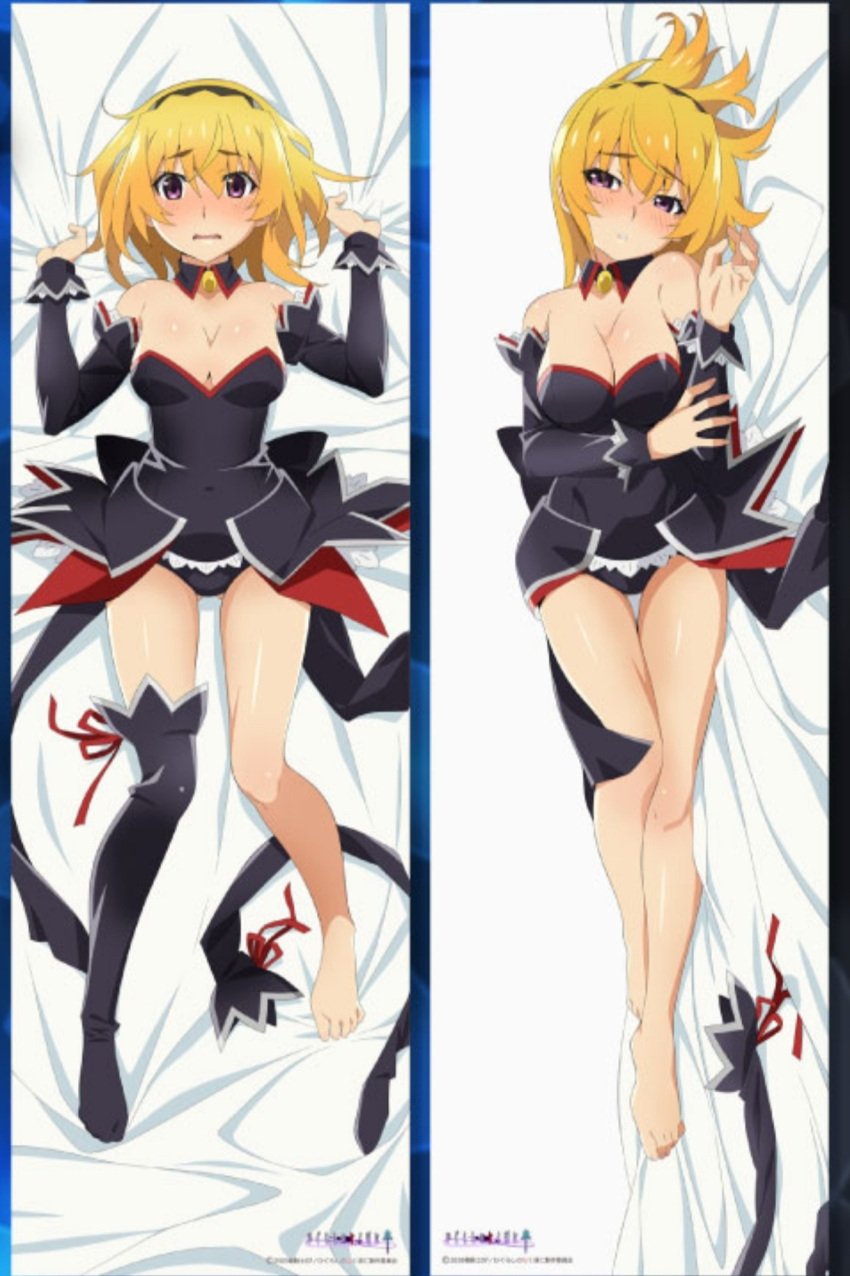 07th_expansion angel_mort_uniform bare_legs bare_shoulders bare_thighs big_breasts blonde_hair breasts dakimakura dakimakura_design embarrassed feet higurashi_no_naku_koro_ni houjou_satoko maid maid_outfit maid_uniform official_art purple_eyes red_face thighs toes