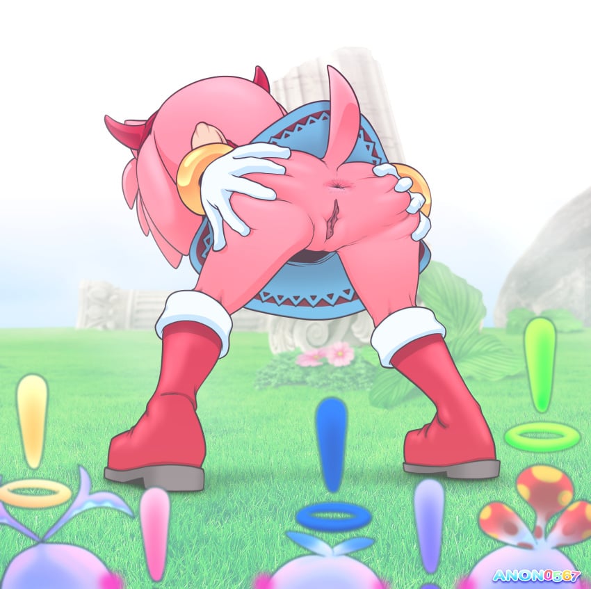 amy_rose anon0567 anthro blush chao_(sonic) devil_horns hero_chao looking_away no_panties presenting sonic_(series) sonic_the_hedgehog_(series) spreading_cheeks surprised_expression