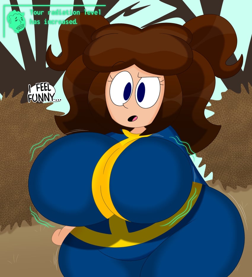 2024 3barts bethesda_softworks big_breasts breasts dialogue fallout female huge_breasts jess_(3barts) original original_character solo vault_suit wide_hips