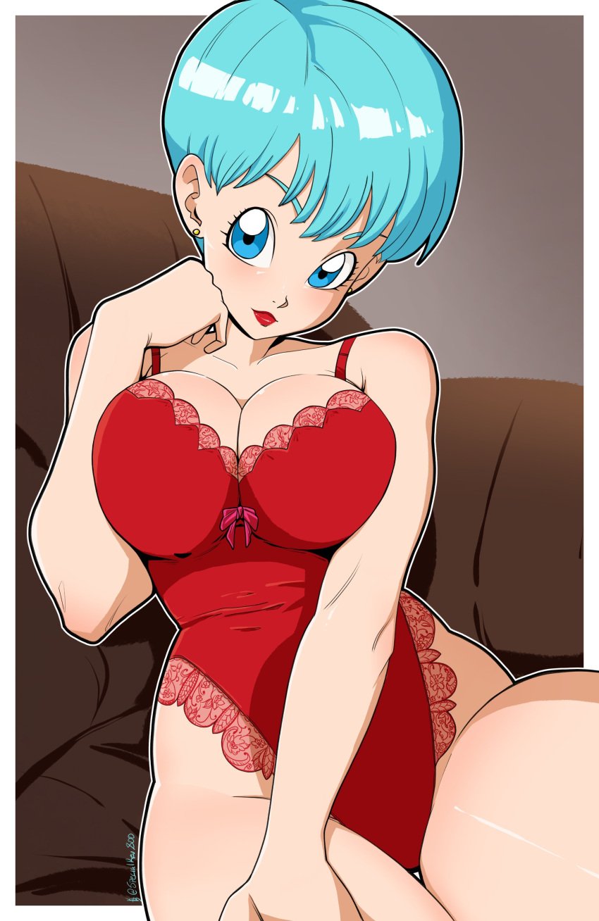 1girls big_breasts blue_eyes blue_hair breasts bulma_briefs cleavage dragon_ball ear_piercing earrings female female_only hair ktb lace lace_trim lingerie lips lipstick mature mature_female mature_woman milf mother red_lips red_lipstick ribbon short_hair solo solo_female thighs