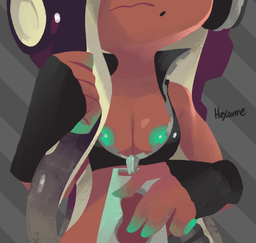 1girls 2024 artist_name breasts cleavage clothed clothed_female clothes clothing dark-skinned_female dark_skin digital_drawing_(artwork) digital_media_(artwork) female female_focus female_only green_nipples hexanne jacket marina_(splatoon) mole mole_under_mouth nintendo nipples octoling octopus octopus_girl signature simple_background solo solo_female solo_focus splatoon_(series) splatoon_2 splatoon_3 striped_background tentacle tentacle_hair unzipped unzipped_jacket