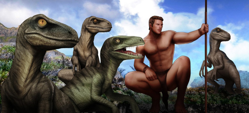 abs chris_pratt crouching dinosaur drawnpr0n holding_weapon jurassic_park jurassic_world legs_apart loincloth male male_only muscular_male outdoors owen_grady velociraptor