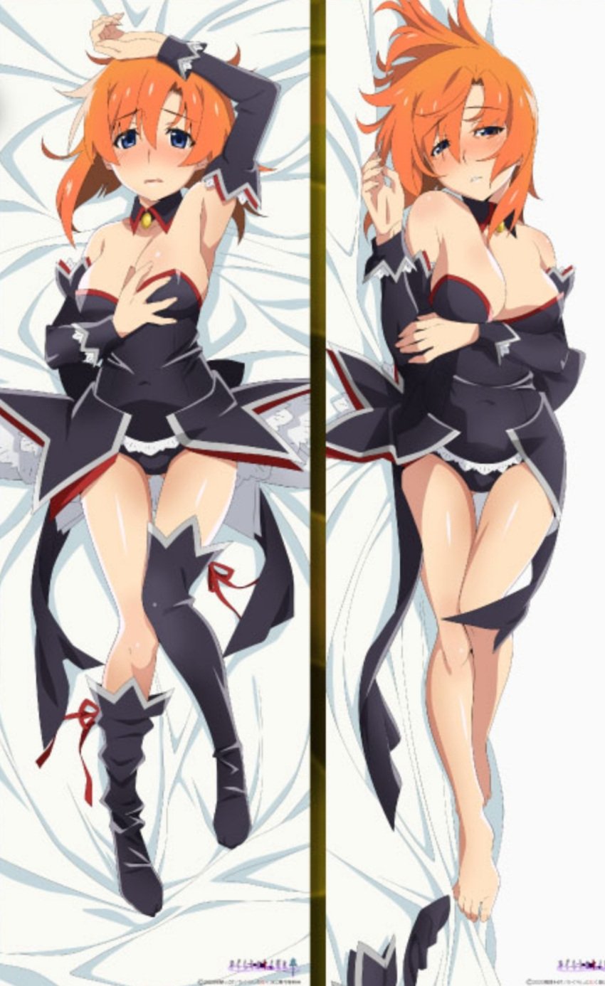 07th_expansion angel_mort_uniform armpits bare_legs bare_shoulders bare_thighs big_breasts blue_eyes breasts dakimakura dakimakura_design embarrassed feet higurashi_no_naku_koro_ni maid maid_outfit maid_uniform official_art orange_hair red_face ryuuguu_rena thigh_gap thighs