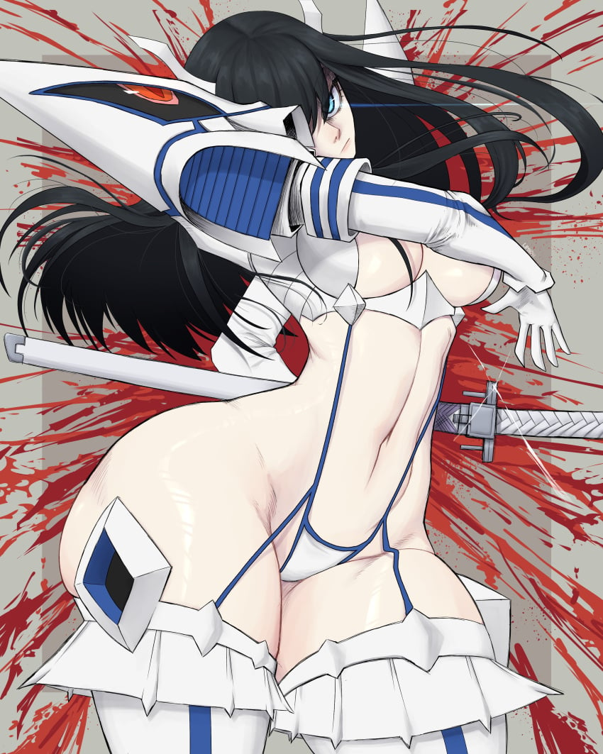 1girls armor ass bakuzan big_ass big_breasts black_hair blue_eyes breasts eye_trail inner_sideboob junketsu kill_la_kill kiryuuin_satsuki light_tail limn044 long_gloves long_hair navel panties revealing_clothes sword thick_thighs thighs